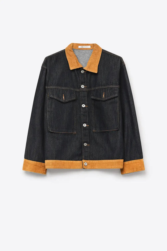 Denim Blue Rigid Denim Corduroy Collar Button Front relaxed Fit Jacket - Jackets