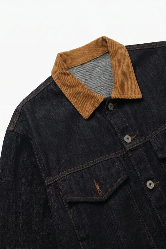 Denim Blue Rigid Denim Corduroy Collar Button Front relaxed Fit Jacket - Jackets