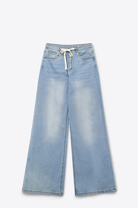 Light Wash Wide-Leg Jeans with Adjustable Drawstring Waist