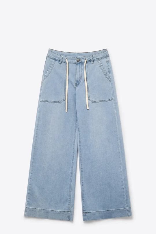 Light Blue Wide-Leg Denim Pants with Drawstring Waist