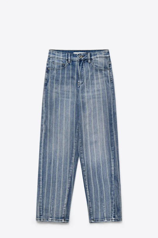 Stripe Design stretch Denim mom Leg Jeans in medium wash