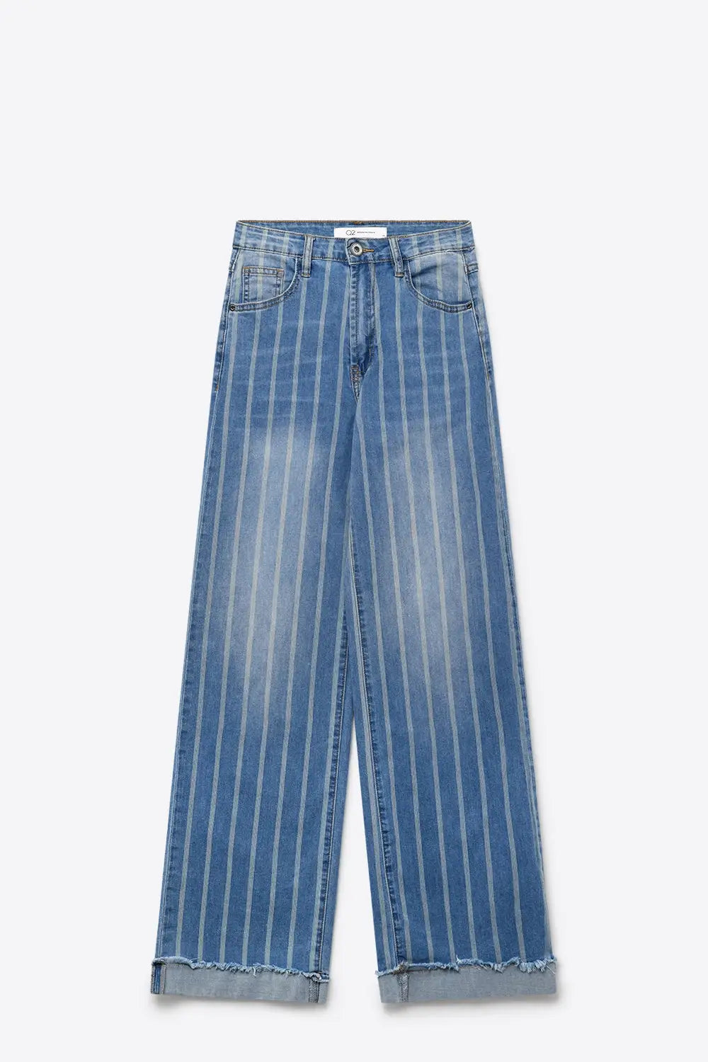 medium wash Blue Jeans with Stripe Design and Frayed Wide Leg