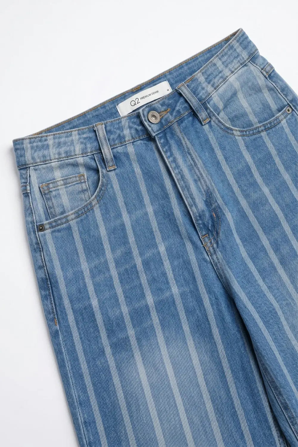 medium wash Blue Jeans with Stripe Design and Frayed Wide Leg