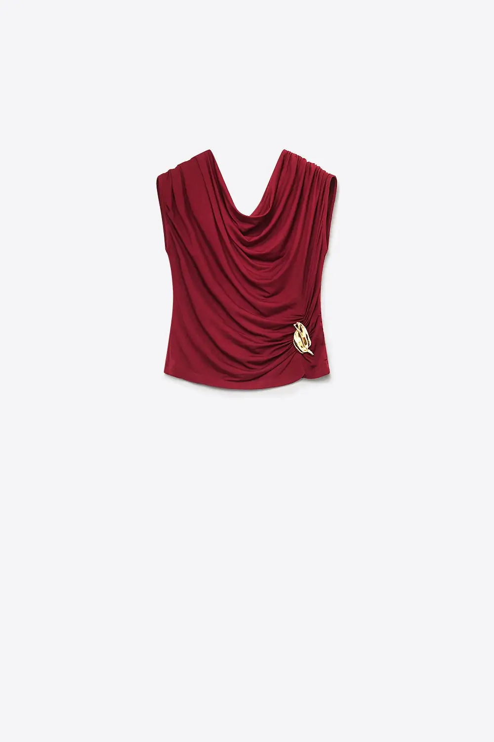 Burgundy Lightweight viscose top with Gold Accent and Draped Sleeveless - Tops