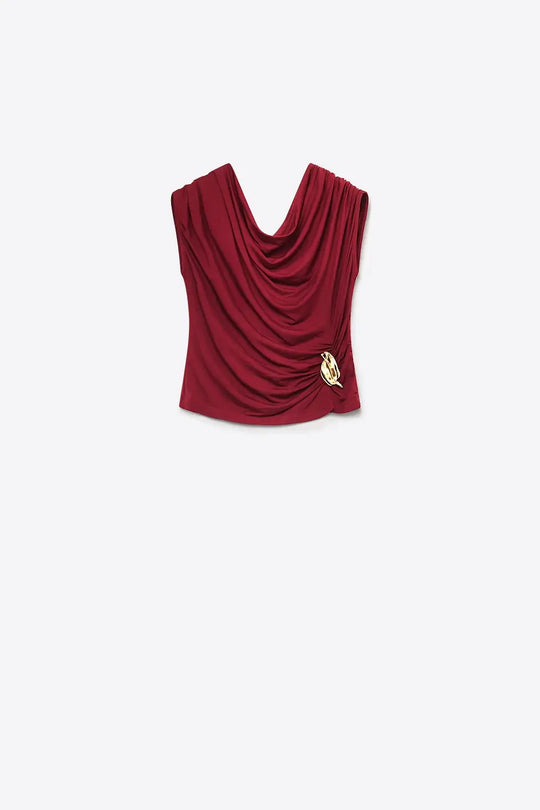 Burgundy Lightweight viscose top with Gold Accent and Draped Sleeveless - Tops