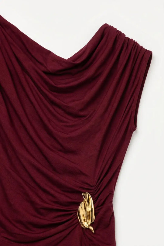 Burgundy Lightweight viscose top with Gold Accent and Draped Sleeveless - Tops