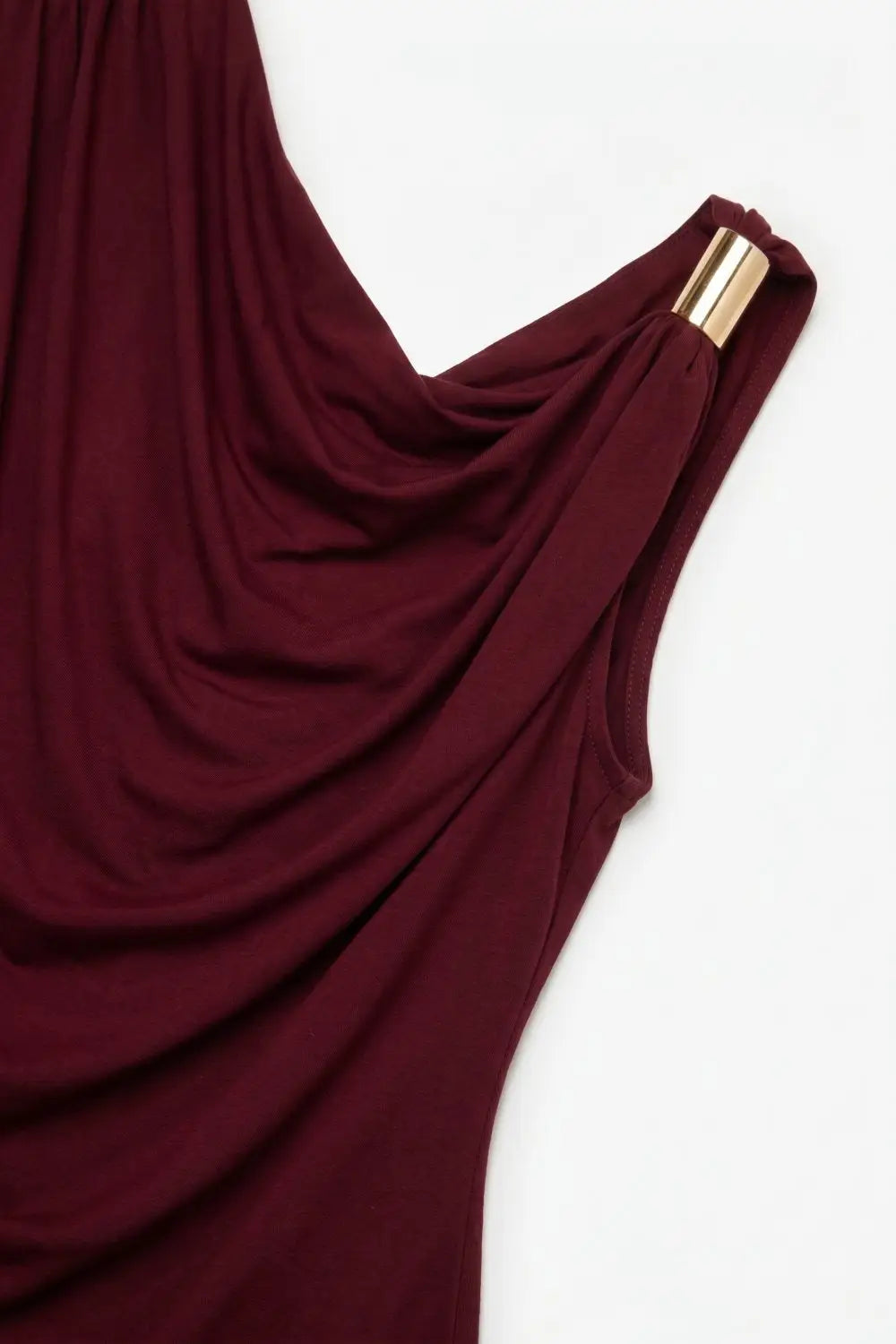 Burgundy Stretch Jersey Metal Accent Draped One-Shoulder Top - Shirts