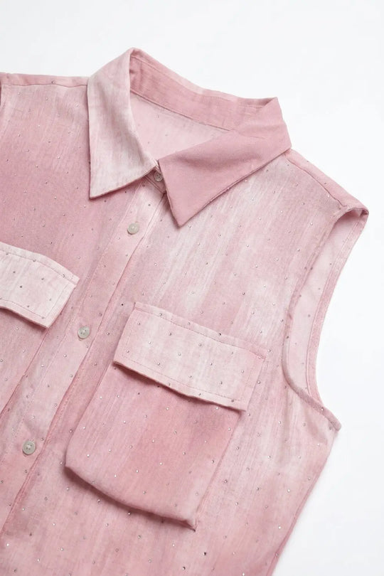 Pink Tie-Dye Sleeveless Shirt with embellished Rhinestone - Shirts
