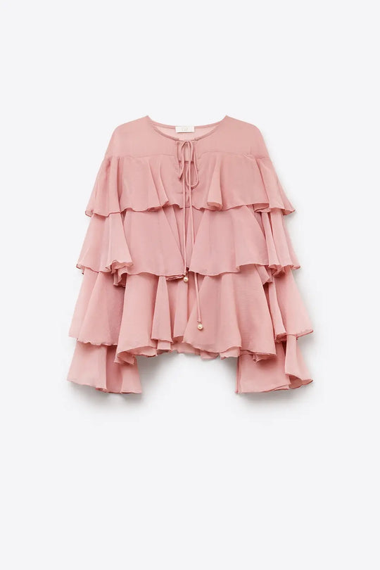 Pink Chiffon Tiered Ruffle Tie-Neck Flared Blouse Top