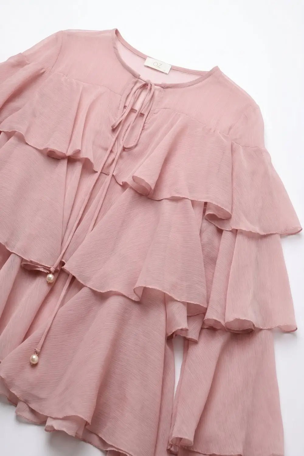 Pink Chiffon Tiered Ruffle Tie-Neck Flared Blouse Top
