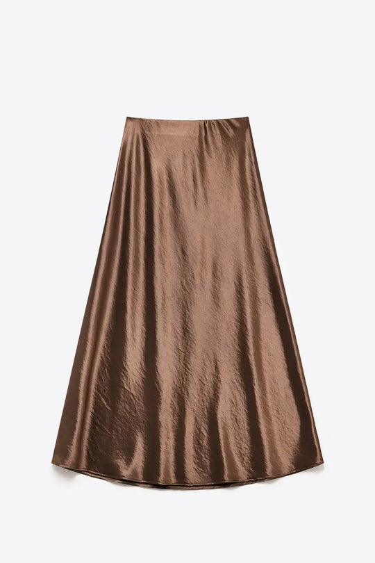 Brown shiny Satin Bias Cut Midi Skirt