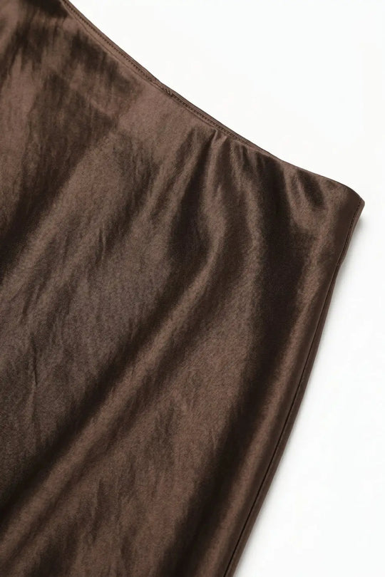 Brown shiny Satin Bias Cut Midi Skirt