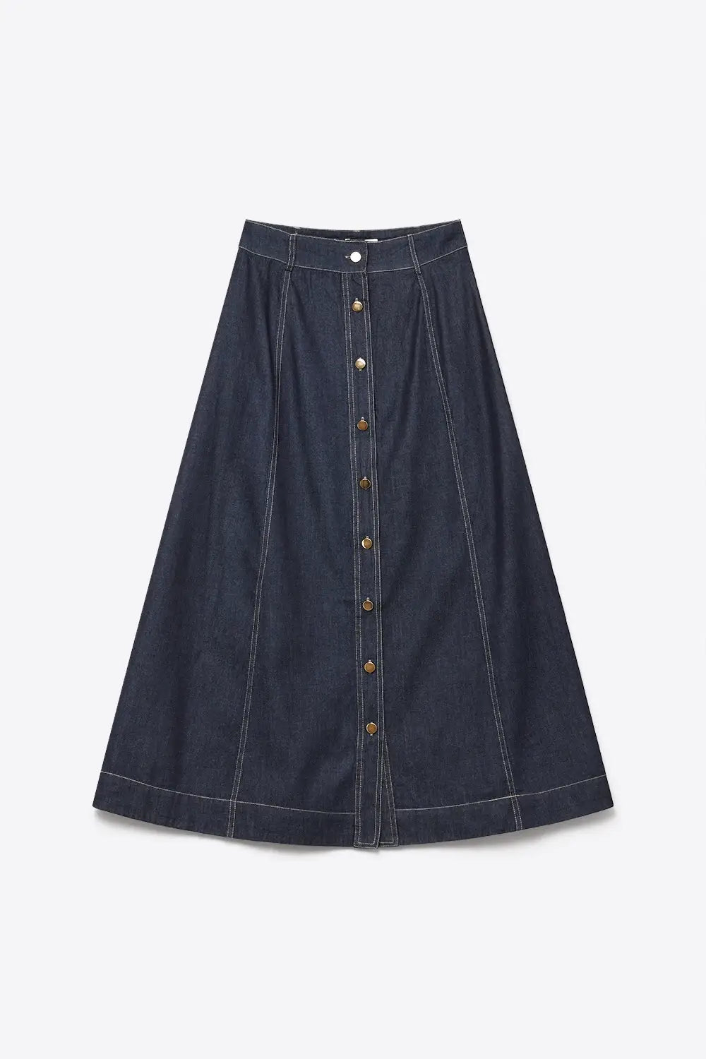 Dark Blue Denim midi skirt with Contrast Stitch Button Front A-Line - Skirts