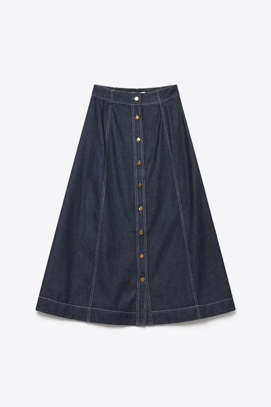 Dark Blue Denim midi skirt with Contrast Stitch Button Front A-Line - Skirts