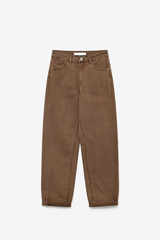 High-Waisted Barrel-Leg Pants in Washed Cocoa - Colored Jeans