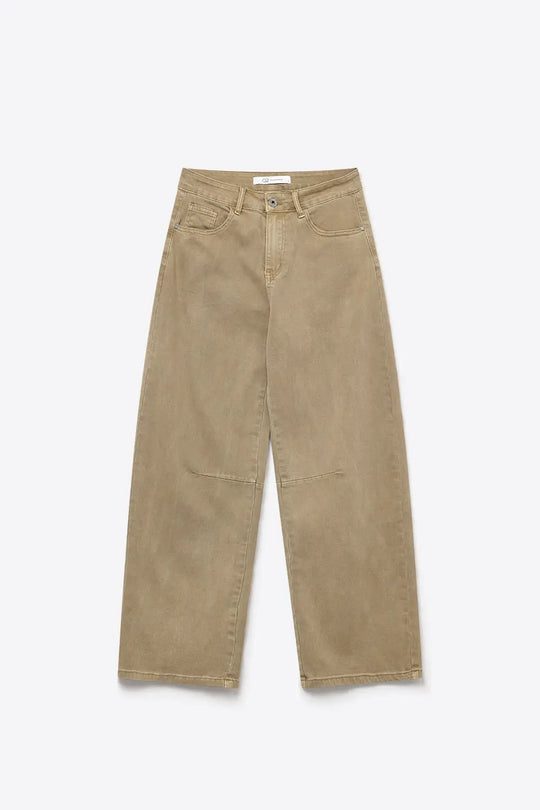 Beige Soft Stretch Denim Wide Leg Jeans with seam at the knee - Colored Jeans