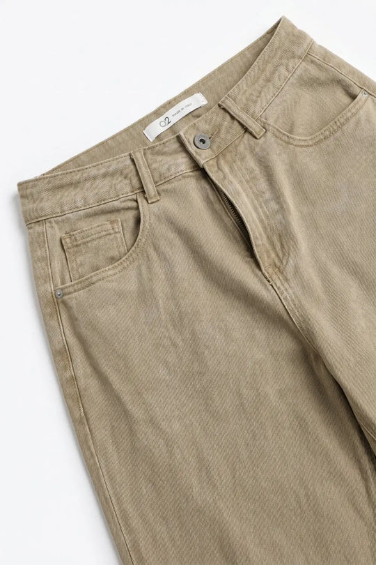 Beige Soft Stretch Denim Wide Leg Jeans with seam at the knee - Colored Jeans