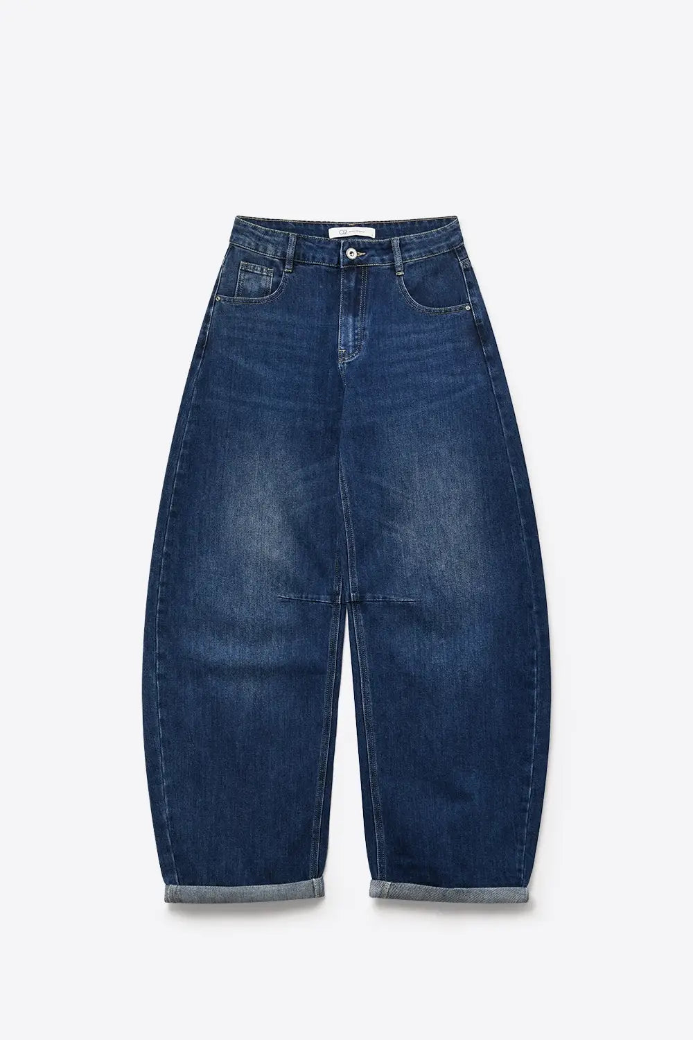 Blue Dark Wash Turn-Up leg Jeans with wide barrel leg style