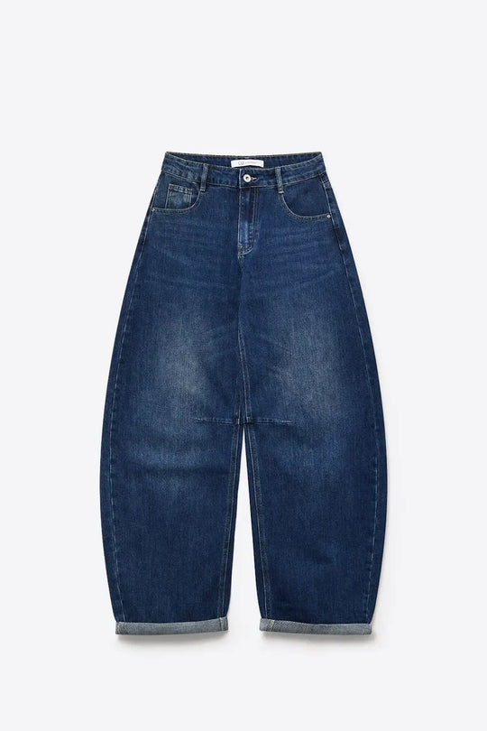 Blue Dark Wash Turn-Up leg Jeans with wide barrel leg style