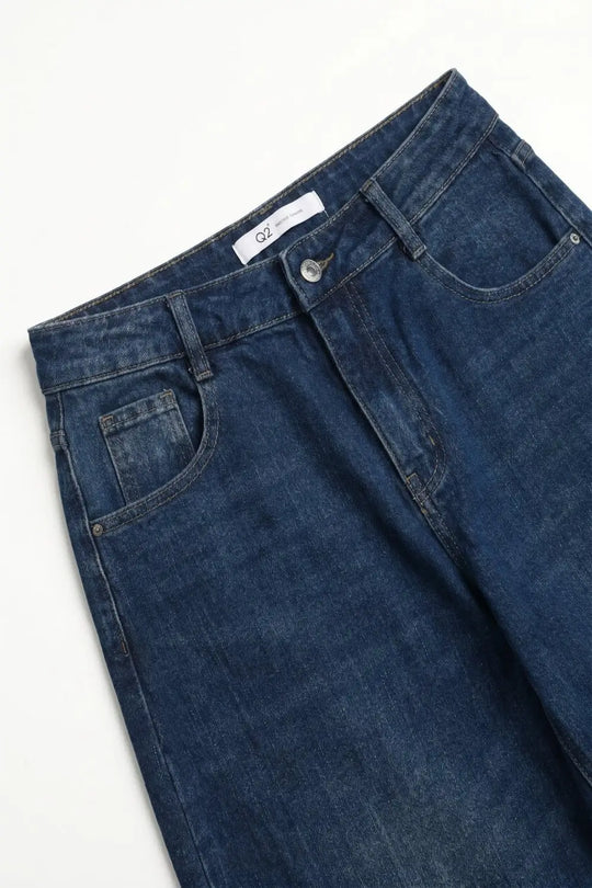 Blue Dark Wash Turn-Up leg Jeans with wide barrel leg style