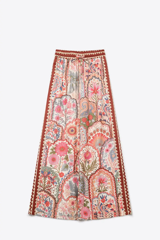Multicolor Floral Print Lightweight Woven Fabric pants with Waist Wide - Pants