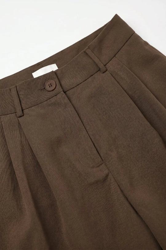 brown Pleated Bermuda Shorts with Knee-Length and Tailored Fit - Pants