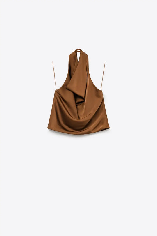 Brown Satin Draped Halter Neck Top