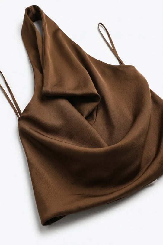 Brown Satin Draped Halter Neck Top
