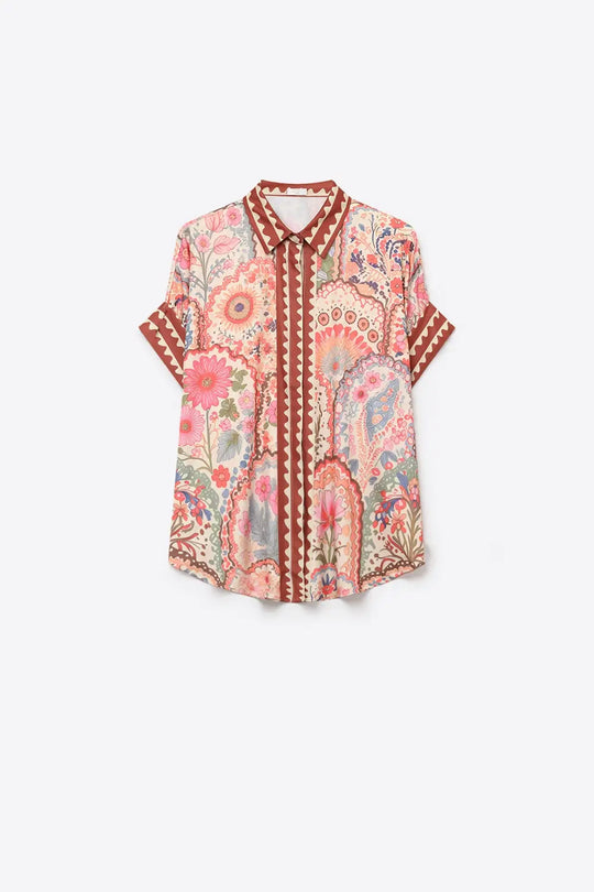Multicolor Floral Print Lightweight facric Contrast Trim Shirt - Shirts
