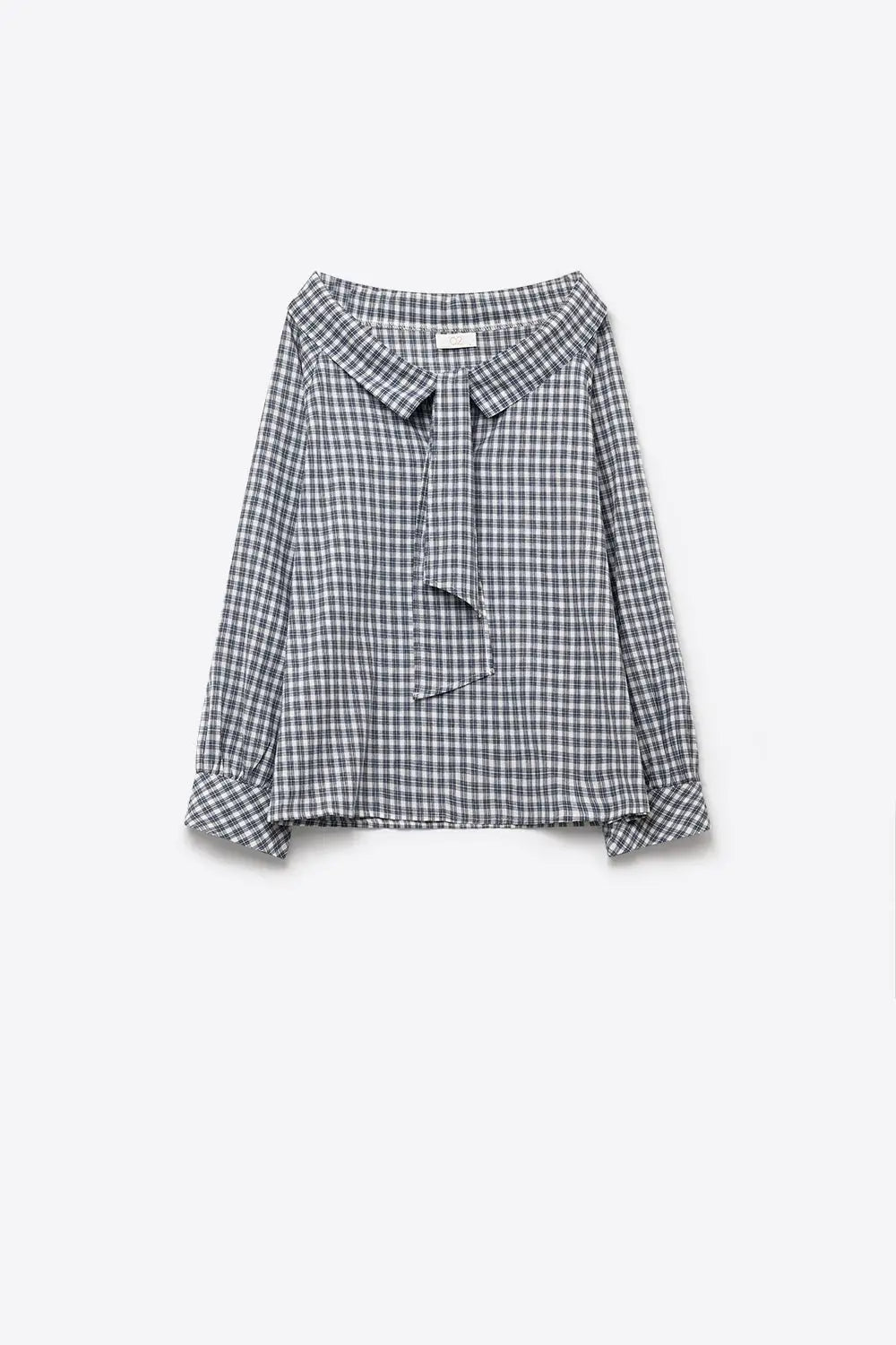 Navy Gingham Cotton Tie Neck Regular Fit Blouse