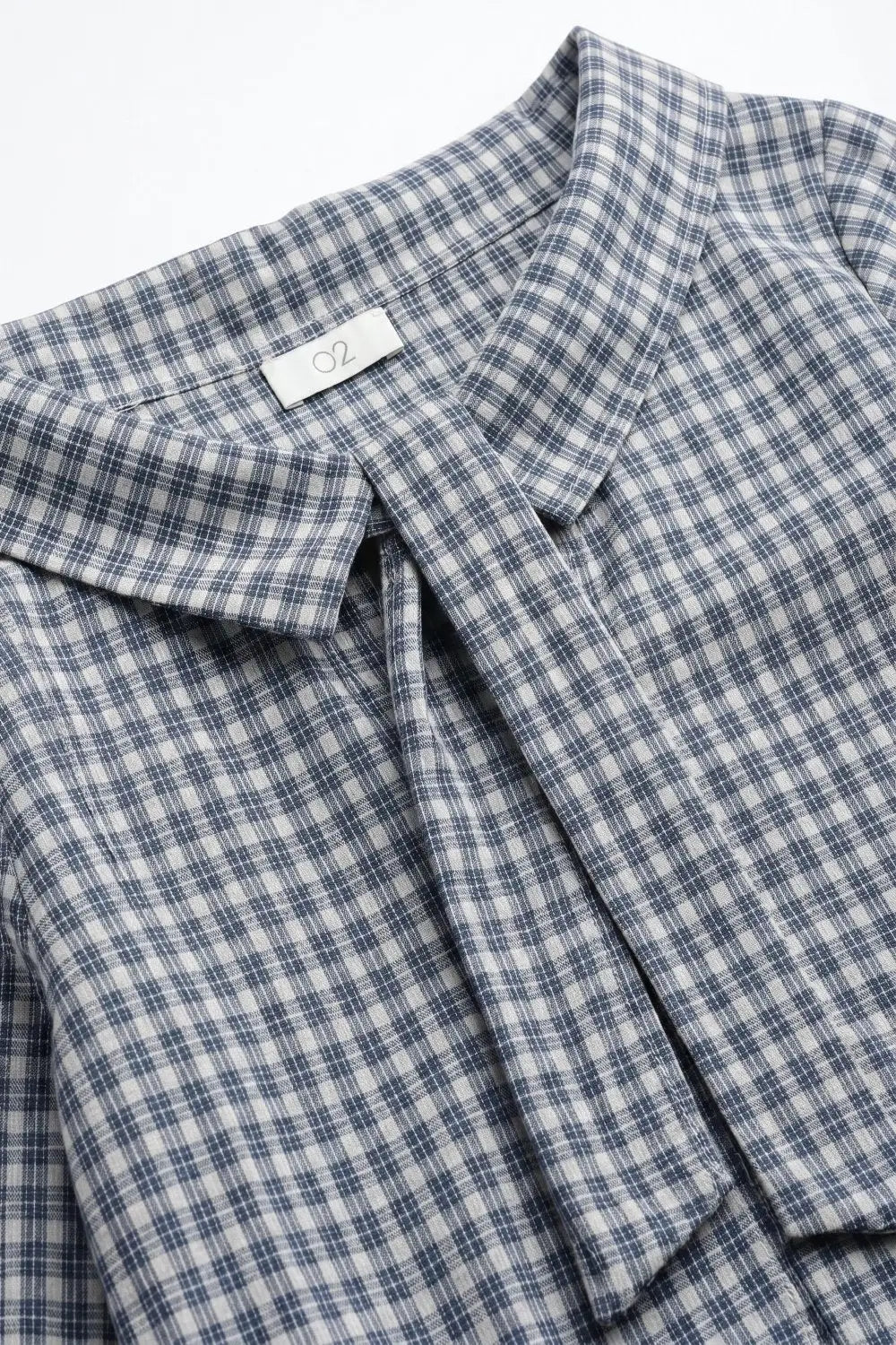 Navy Gingham Cotton Tie Neck Regular Fit Blouse