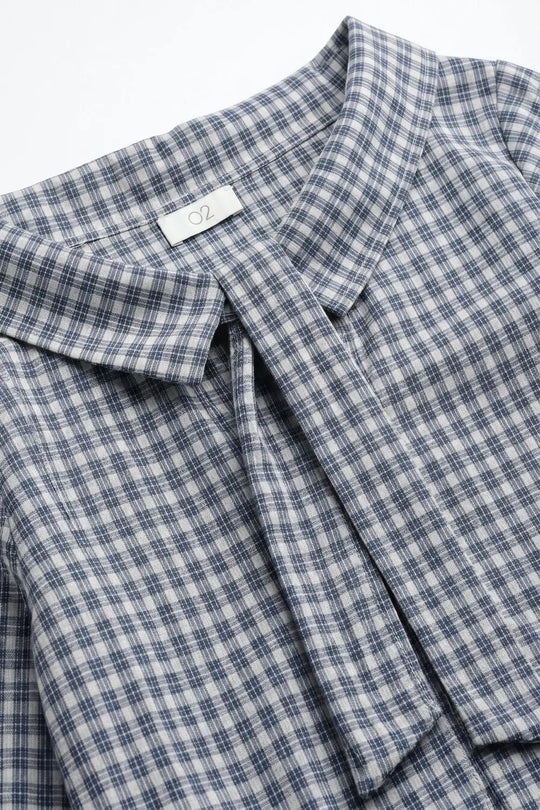 Navy Gingham Cotton Tie Neck Regular Fit Blouse