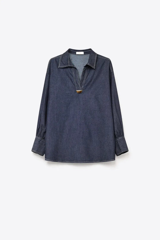 Gold Trim V-Neck Shirt in lightweight denim fabric - NAVY / ONE - Shirts