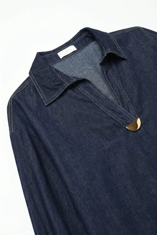Gold Trim V-Neck Shirt in lightweight denim fabric - NAVY / ONE - Shirts
