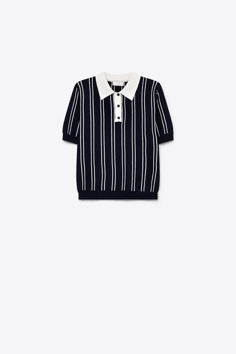 Navy Fine Knit Striped Contrast Polo Shirt With Short Sleeves