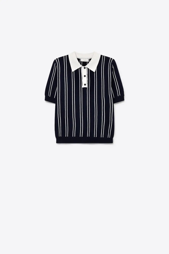 Navy Fine Knit Striped Contrast Polo Shirt With Short Sleeves