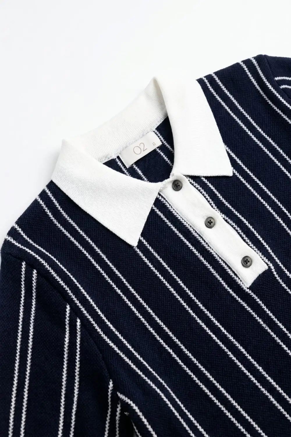 Navy Fine Knit Striped Contrast Polo Shirt With Short Sleeves