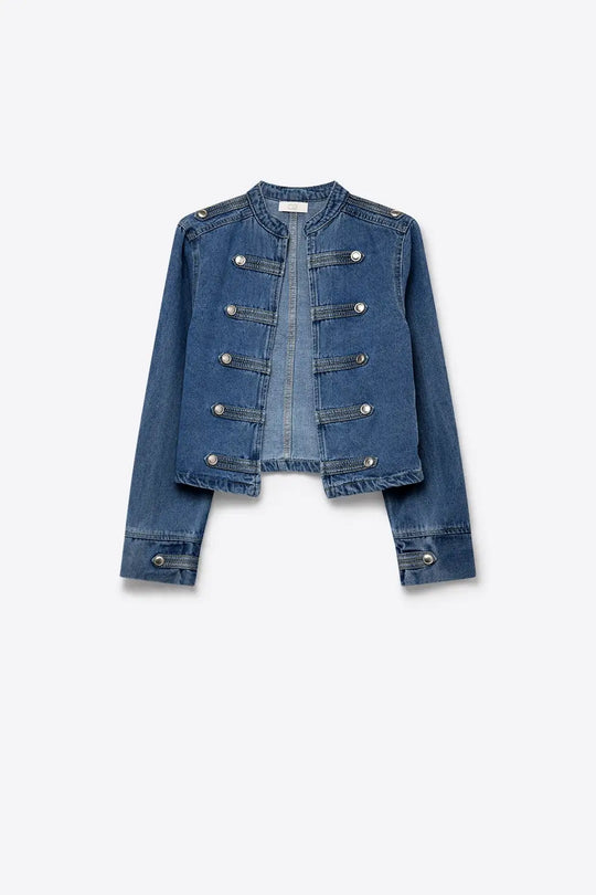 Denim Blue Rigid Non-Stretch Military Button Cropped Jacket - BLUE / ONE - Jackets