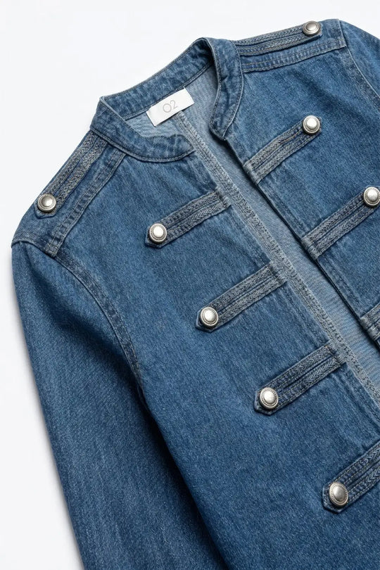 Denim Blue Rigid Non-Stretch Military Button Cropped Jacket - BLUE / ONE - Jackets