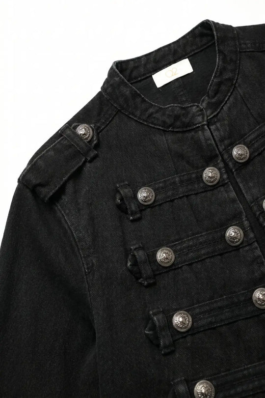 Black wash Officer Denim Jacket with Decorative Buttons - BLACK / ONE - Jackets