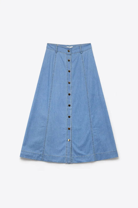 Light Blue Denim midi skirt with Contrast Stitch Button Front A-Line - Skirts