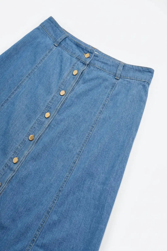 Light Blue Denim midi skirt with Contrast Stitch Button Front A-Line - Skirts