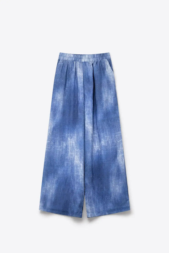 Blue Tie-Dye chiffon Elastic Waist Pants with embellished strass - Pants