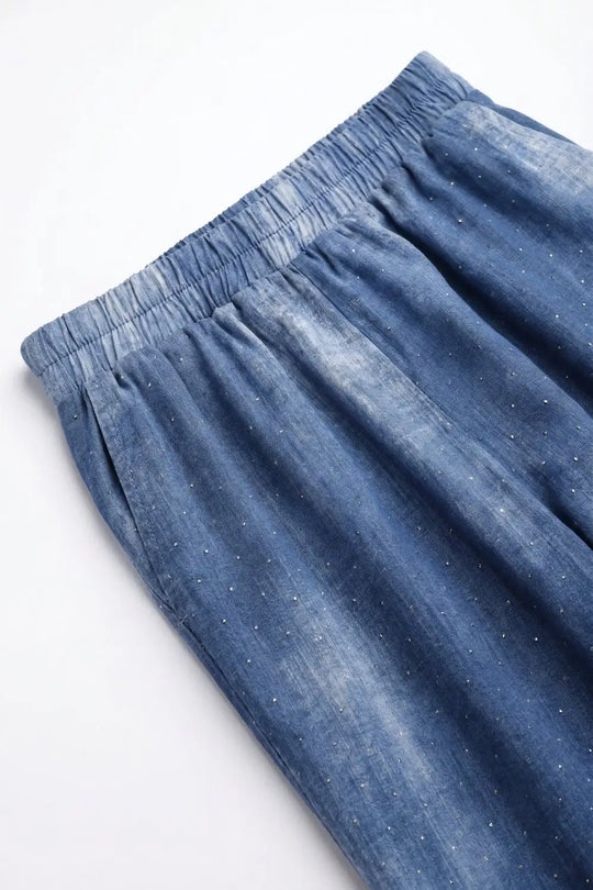 Blue Tie-Dye chiffon Elastic Waist Pants with embellished strass - Pants