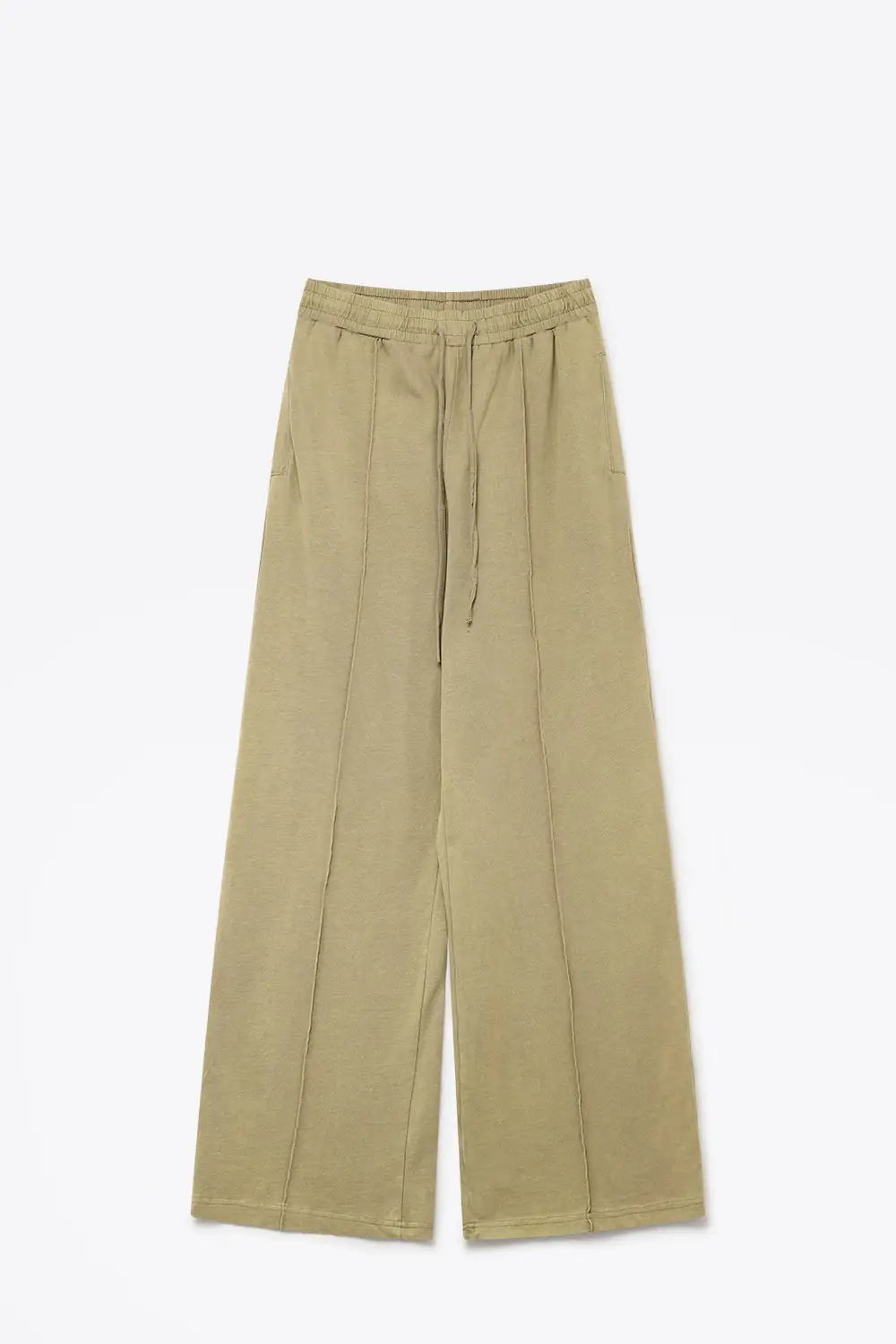 Khaki Cotton Wide Leg Elastic Waist Relaxed Fit Pants - Pants