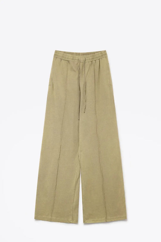 Khaki Cotton Wide Leg Elastic Waist Relaxed Fit Pants - Pants
