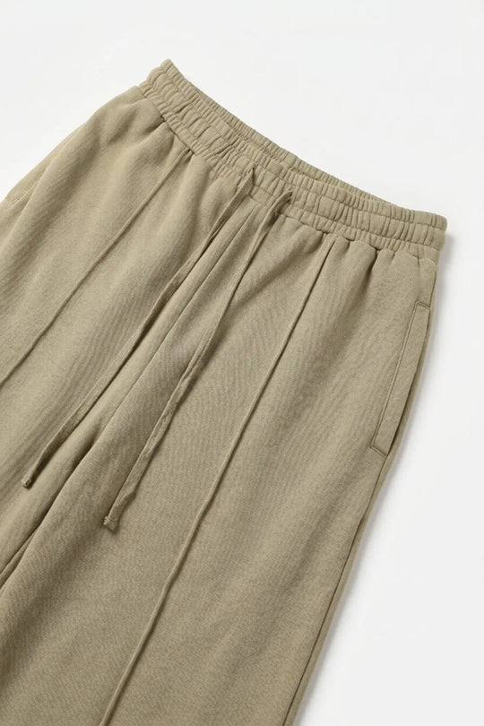Khaki Cotton Wide Leg Elastic Waist Relaxed Fit Pants - Pants
