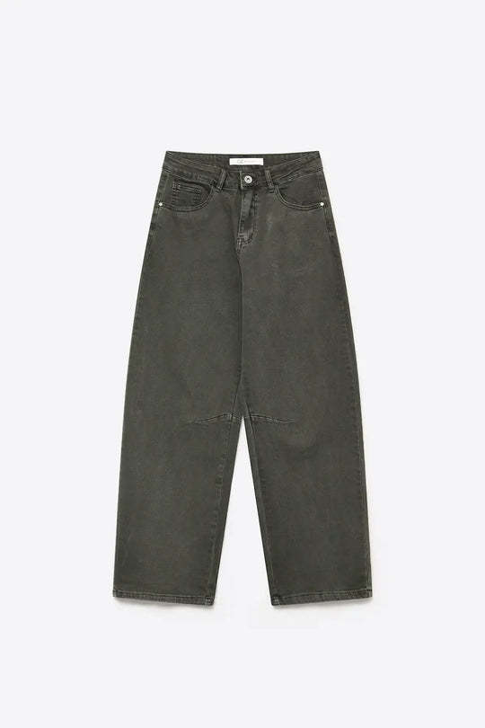 khaki Vintage Wash Denim Wide Leg Jeans with seam at the knee - Colored Jeans