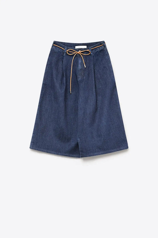 Wide-Leg Mid-Calf Denim Culottes with Tie Belt