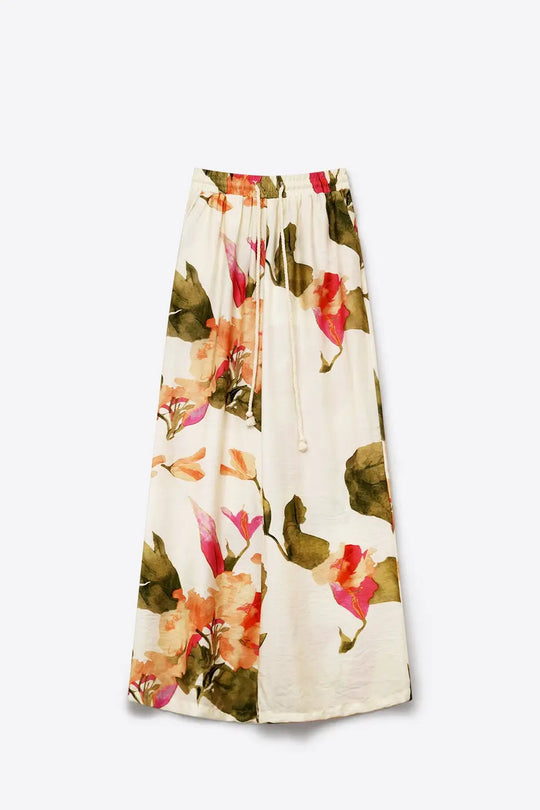 Cream Floral Print wide leg Pants with Elastic Waist - Pants